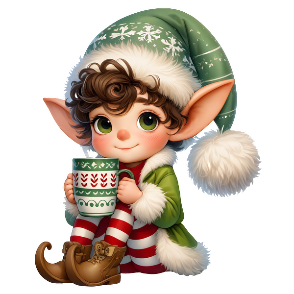 A cheerful young elf wearing a festive green hat holds a decorative mug, dressed in red and white striped pajamas.DTF Transfers dtf transfers