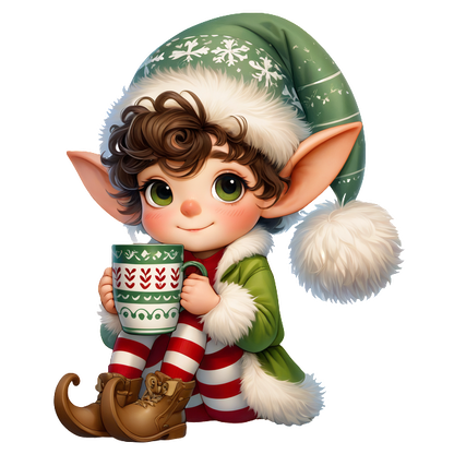 A cheerful young elf wearing a festive green hat holds a decorative mug, dressed in red and white striped pajamas.DTF Transfers dtf transfers