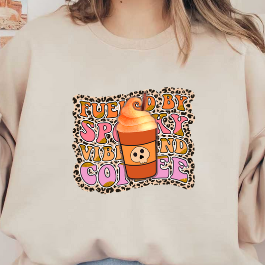 A playful illustration featuring a coffee cup topped with orange cream and a skull design, surrounded by fun, colorful text.dtf regular iron