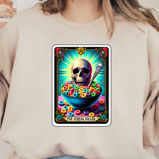 A vibrant illustration featuring a skull in a colorful bowl of cereal, playfully titled "The Cereal Killer." dtf prints