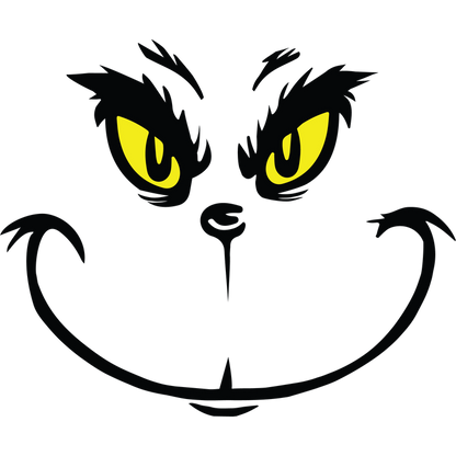 A playful, cartoon-style illustration of a grinning cat with mischievous yellow eyes and distinctive whiskers.DTF Transfersdtf regular iron heat press transfers