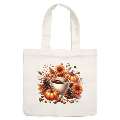 A cozy autumn scene featuring a cup of coffee surrounded by pumpkins, sunflowers, pinecones, and cinnamon sticks.dtf regular iron