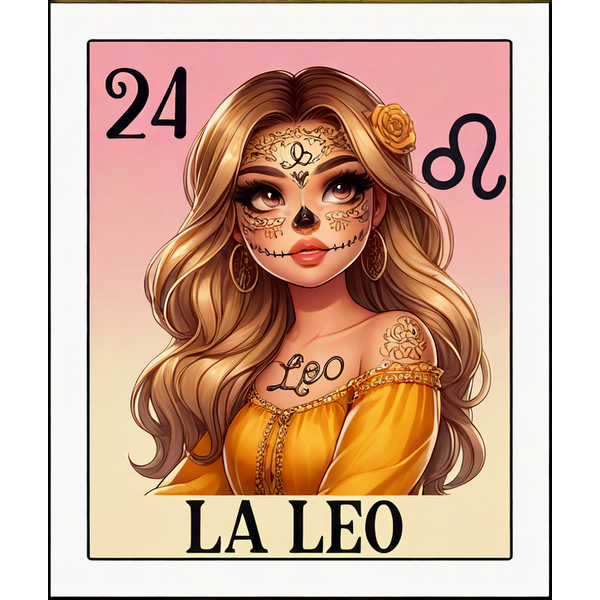 Una ilustración vibrante que presenta a una mujer rubia con maquillaje de calavera de azúcar, adornada con un vestido amarillo, que representa a "La Leo".