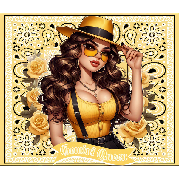 Una mujer elegante con cabello largo y ondulado usa gafas de sol amarillas y un traje amarillo, enmarcado por rosas y un fondo decorativo.