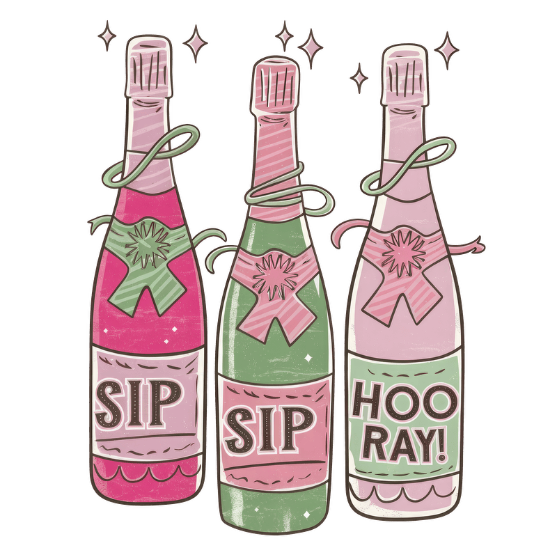 Celebrate in style with these charming, illustrated champagne bottles adorned with fun sayings: "SIP," "SIP," and "HOO RAY!"DTF Transfers