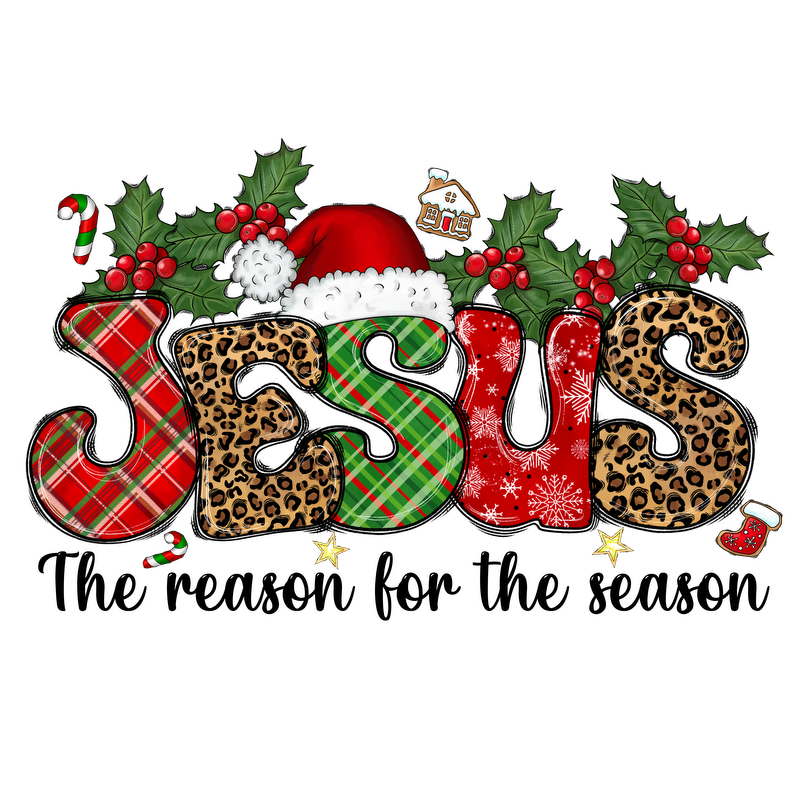 Celebrate the holiday spirit with this festive "JESUS" design, featuring playful patterns, holly, and a cheerful Santa hat!DTF Transfersdtf regular iron heat press transfers