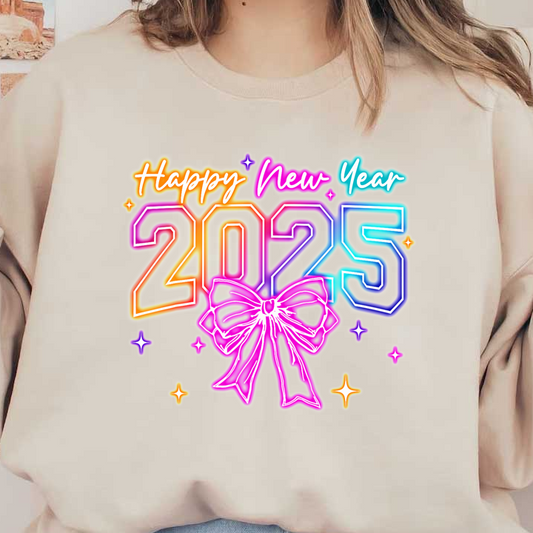 Celebrate the arrival of 2025 with this vibrant "Happy New Year" design featuring colorful numbers and a festive bow!DTF Transfers dtf prints