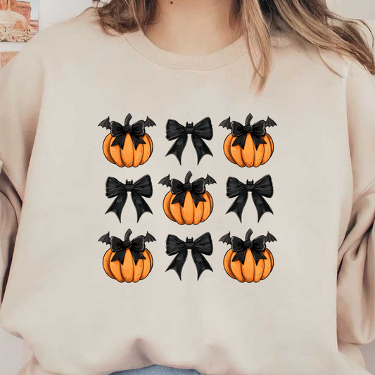 A festive pattern featuring playful pumpkins adorned with black bows and accompanied by whimsical bats, perfect for Halloween decor. heat press transfers