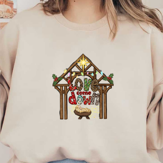 A vibrant Christmas scene featuring a wooden nativity structure adorned with colorful lights, holiday greenery, and the phrase "Love come down."DTF Transfers dtf prints