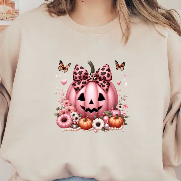 A cute pink jack-o'-lantern adorned with a leopard print bow, surrounded by colorful flowers, pumpkins, and butterflies. dtf prints