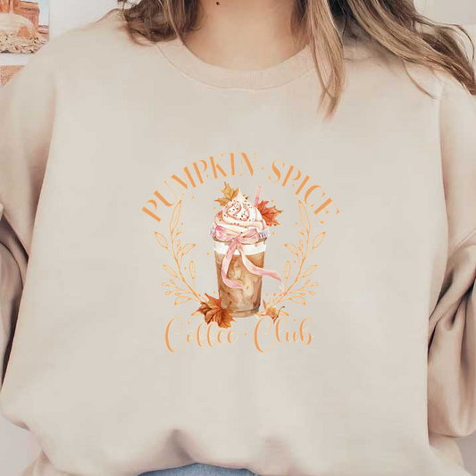 Celebrate autumn with this charming "Pumpkin Spice Coffee Club" design featuring a delicious pumpkin spice drink adorned with autumn leaves. dtf prints