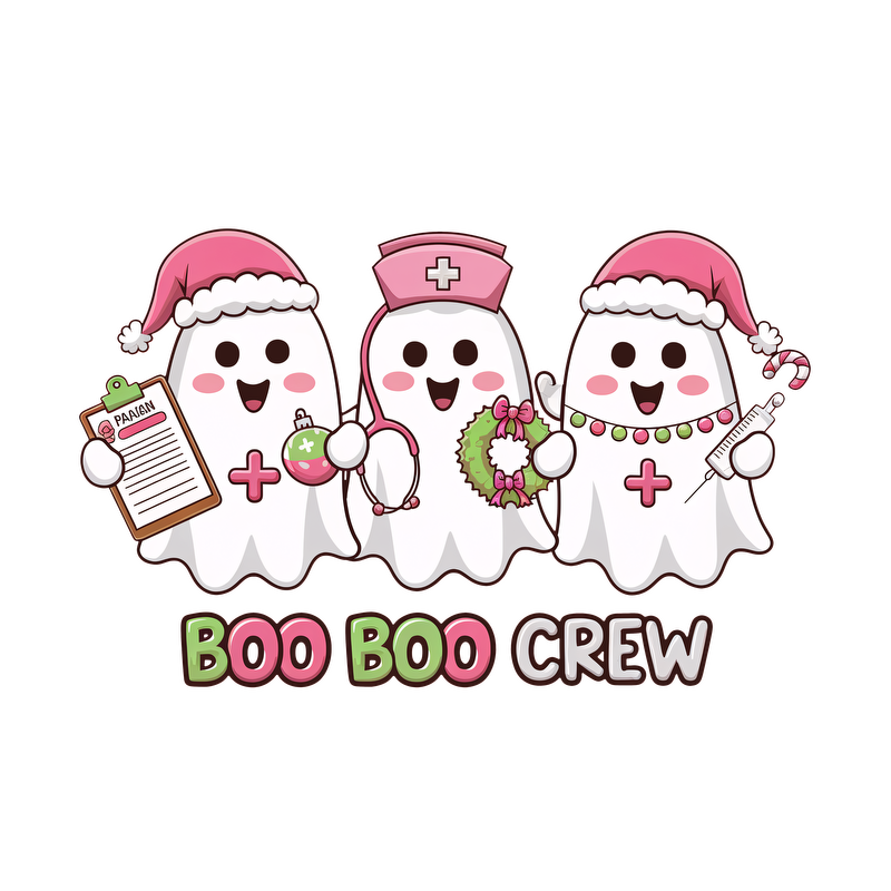 Meet the adorable "Boo Boo Crew," three cheerful ghosts in festive attire, ready to spread holiday joy and care!DTF Transfers