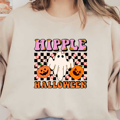 A playful Halloween graphic featuring a friendly ghost, smiling pumpkins, and vibrant text, perfect for festive décor or apparel. heat press transfers