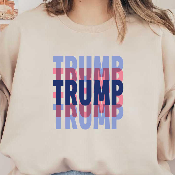 Diseño de texto atrevido y colorido que presenta la palabra "TRUMP" en un estilo repetido y en capas con colores alternados.