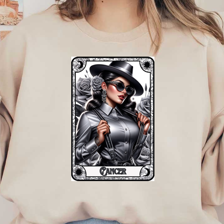 Una elegante ilustración de una mujer con una elegante camisa plateada y sombrero, adornada con rosas y gafas de sol, que representa a Cáncer.