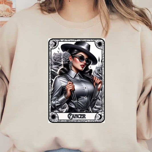 Una elegante ilustración de una mujer con una elegante camisa plateada y sombrero, adornada con rosas y gafas de sol, que representa a Cáncer.