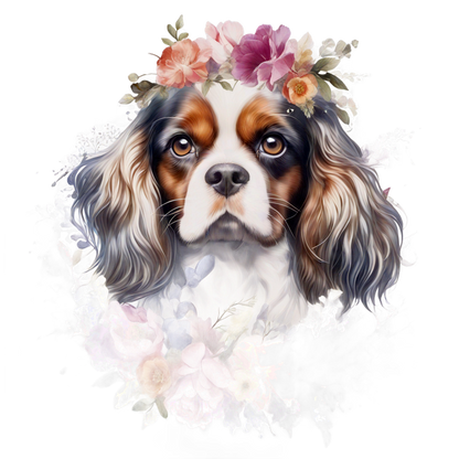 Una encantadora ilustración de un Cavalier King Charles Spaniel rodeado de una vibrante corona floral, que irradia calidez y belleza.