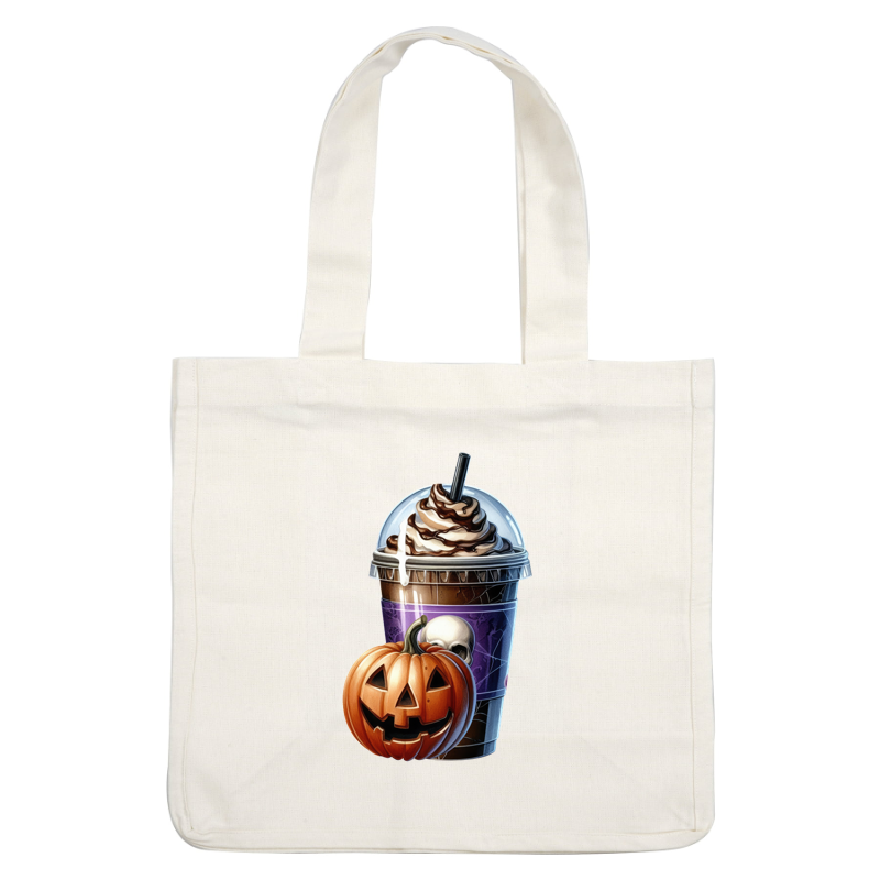 Un frappuccino festivo con temática de Halloween cubierto con crema batida, junto a una calabaza tallada, ¡perfecto para celebrar la temporada espeluznante!