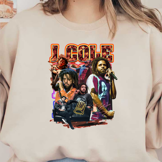 Un collage vibrante de J. Cole que muestra diferentes actuaciones y estilos, resaltados por su característico logotipo de corona. Transferencias DTF