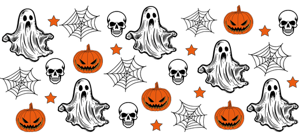 A whimsical Halloween pattern featuring playful ghosts, carved pumpkins, and stars, perfect for festive decorations.UV Transfersdtf regular iron