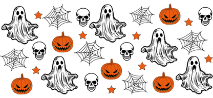 A whimsical Halloween pattern featuring playful ghosts, carved pumpkins, and stars, perfect for festive decorations.UV Transfersdtf regular iron