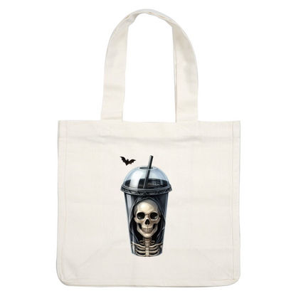 Una espeluznante taza para bebidas con temática de esqueleto que presenta una calavera sonriente y un murciélago, perfecta para las festividades de Halloween.