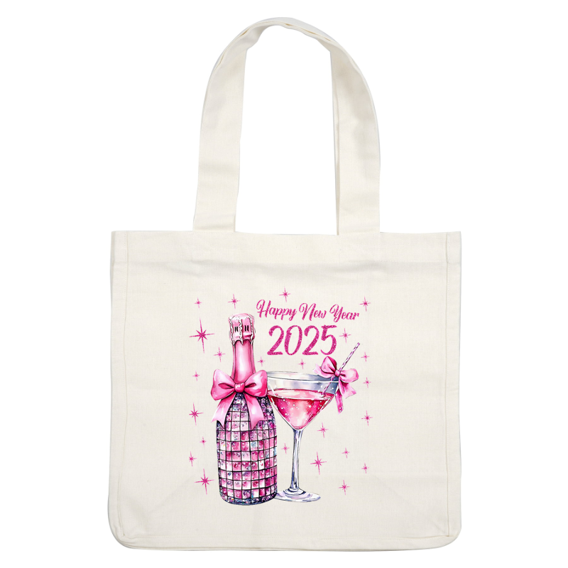 Celebrate the New Year 2025 with this festive illustration featuring a sparkling pink champagne bottle and a stylish cocktail.DTF Transfersdtf regular irondtf regular iron