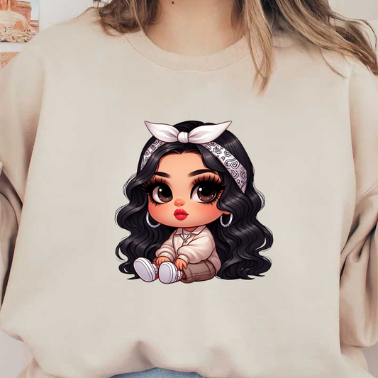 Un adorable personaje de dibujos animados con cabello negro largo y rizado, que viste una diadema blanca, una camisa de gran tamaño y lindas zapatillas deportivas.