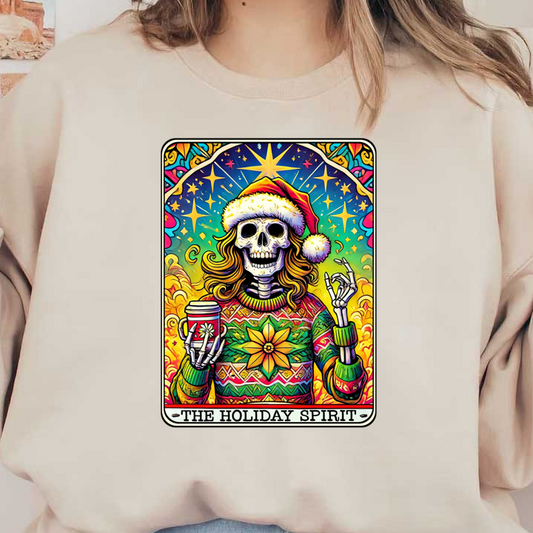 Un personaje esqueleto vibrante y festivo con un acogedor suéter navideño y un gorro de Papá Noel, sosteniendo una taza festiva con un fondo colorido.