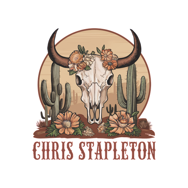 Un gráfico rústico que presenta una calavera decorada con flores y cactus, y que resalta el nombre "Chris Stapleton".