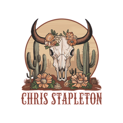 Un gráfico rústico que presenta una calavera decorada con flores y cactus, y que resalta el nombre "Chris Stapleton".