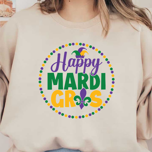 Celebrate Mardi Gras with this vibrant design featuring playful text, colorful beads, and a festive jester hat!DTF Transfers