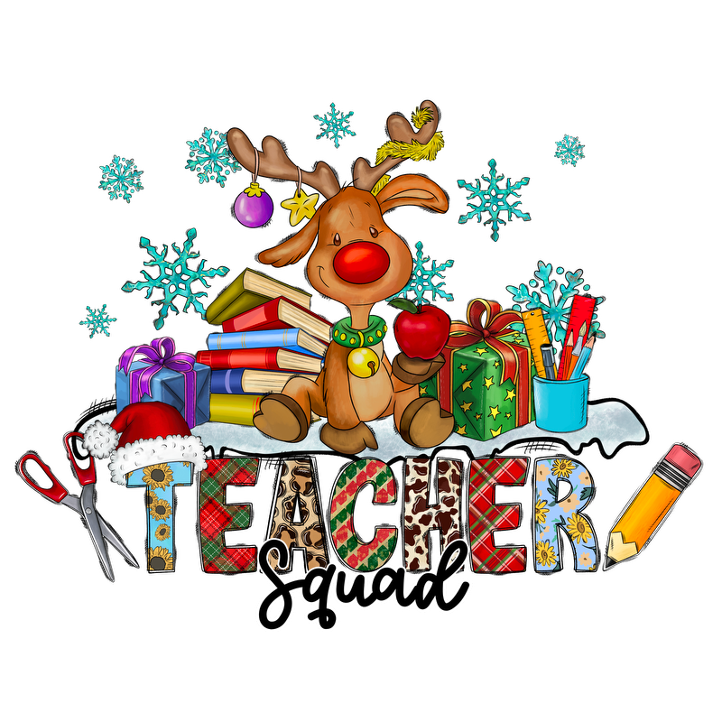 Celebrate the holiday spirit with a cheerful reindeer surrounded by gifts, books, and school supplies, perfect for teachers!DTF Transfers dtf transfers heat press transfers