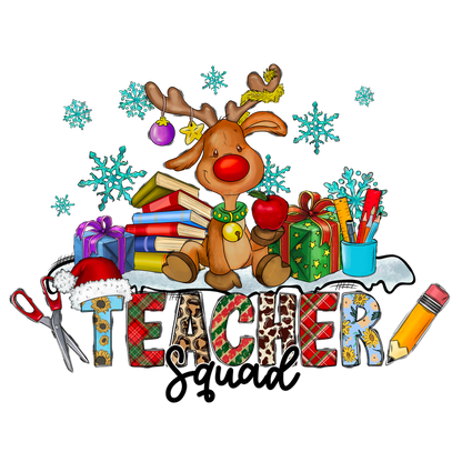 Celebrate the holiday spirit with a cheerful reindeer surrounded by gifts, books, and school supplies, perfect for teachers!DTF Transfers dtf transfers heat press transfers