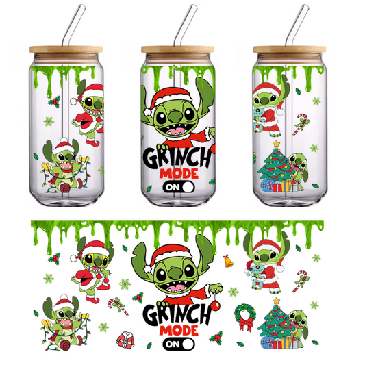 A vibrant and whimsical holiday graphic featuring Stitch in festive attire, celebrating Christmas with decorations and a playful "Grinch Mode" theme.UV Transfers heat press transfers