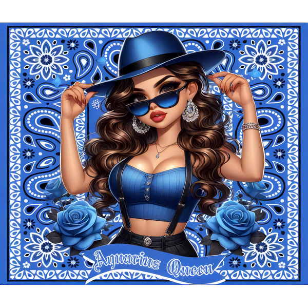 Un personaje elegante con un traje azul, gafas de sol y un sombrero, rodeado de rosas azules y diseños intrincados.