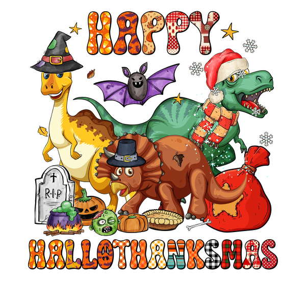 A whimsical illustration featuring festive dinosaurs and a bat, celebrating "Hallothanksmas" with Halloween and Thanksgiving themes. dtf transfers