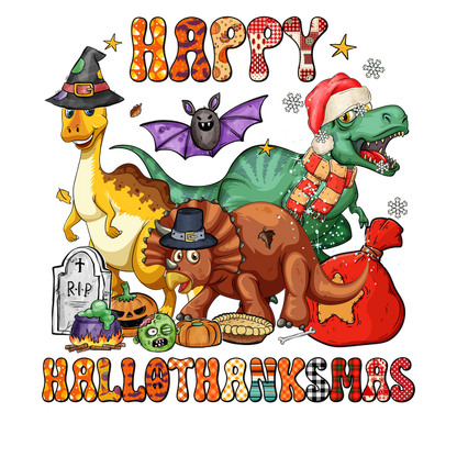 A whimsical illustration featuring festive dinosaurs and a bat, celebrating "Hallothanksmas" with Halloween and Thanksgiving themes. dtf transfers