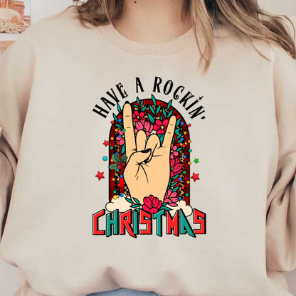 A festive design featuring a rock hand gesture surrounded by colorful flowers and holiday decorations, celebrating Christmas in style. dtf prints