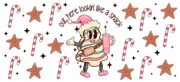 A whimsical character resembling a festive dessert, holding a drink, surrounded by candy canes and stars, celebrating the holiday spirit.UV Transfers dtf prints