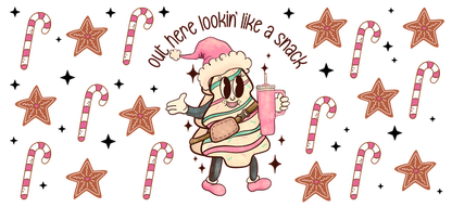 A whimsical character resembling a festive dessert, holding a drink, surrounded by candy canes and stars, celebrating the holiday spirit.UV Transfers dtf prints