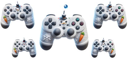 A playful set of white game controllers adorned with festive snowflakes and carrots, perfect for winter-themed gaming fun.UV Transfersdtf regular iron