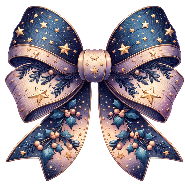 A festive bow featuring a rich blend of blue and gold tones, adorned with stars and holly leaves.dtf regular iron