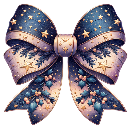 A festive bow featuring a rich blend of blue and gold tones, adorned with stars and holly leaves.dtf regular iron