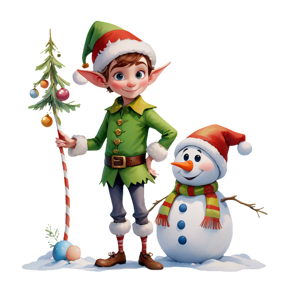 A cheerful elf in a green outfit stands beside a friendly snowman, both festive for the holiday season.DTF Transfers dtf transfers