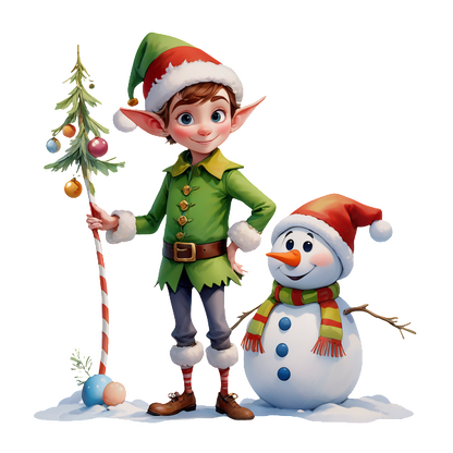 A cheerful elf in a green outfit stands beside a friendly snowman, both festive for the holiday season.DTF Transfers dtf transfers