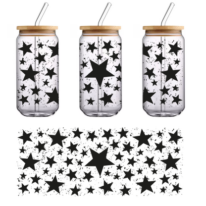 A variety of black stars in different sizes create a striking cosmic pattern, perfect for decorative designs.UV Transfers heat press transfers