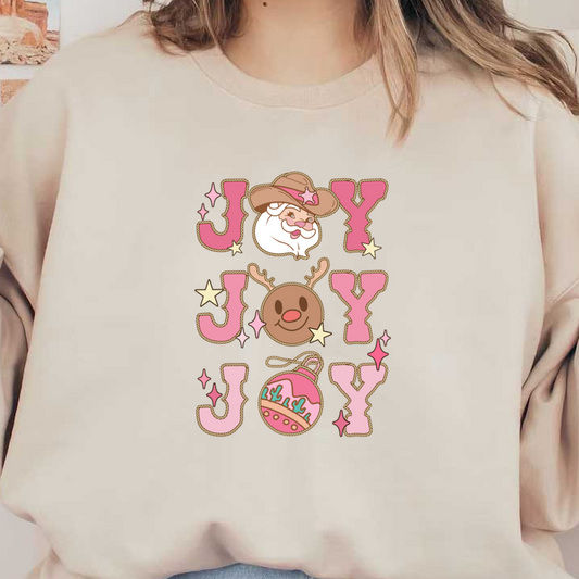 This playful holiday design features cheerful "JOY" text alongside a smiling reindeer, a festive ornament, and twinkling stars.