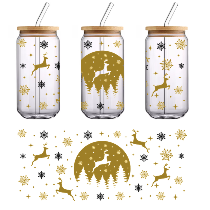 A whimsical gold and black design featuring leaping reindeer, snowflakes, and a full moon surrounded by evergreen trees.UV Transfers dtf prints dtf prints