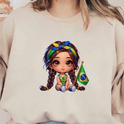 Una linda chica chibi con cabello trenzado y un atuendo colorido que sostiene una bandera brasileña e irradia espíritu festivo. Transferencias DTF